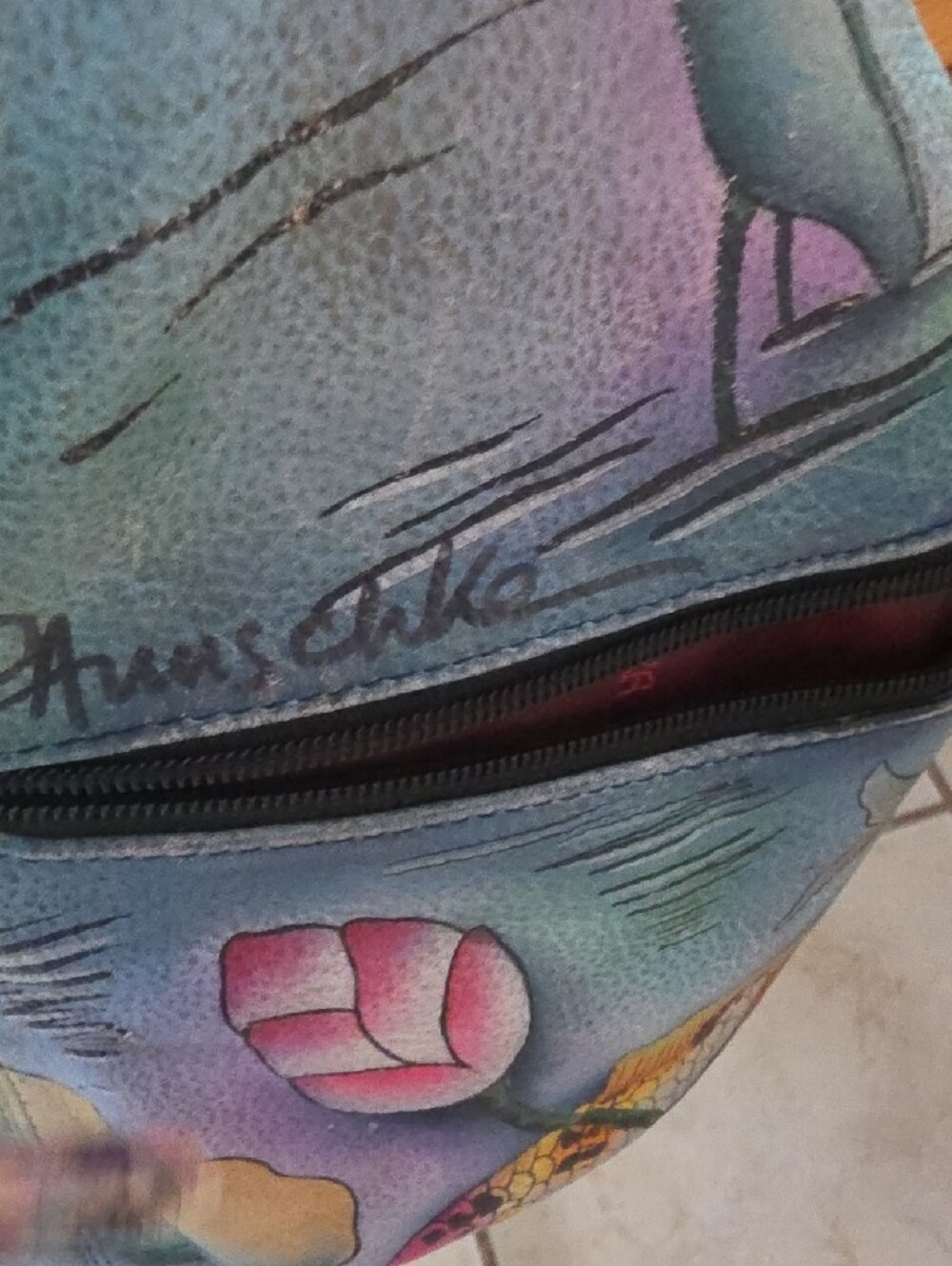 Hand-Painted Blue Floral Lotus Shoulder Bag.KOI FISH - Picture 4 of 13